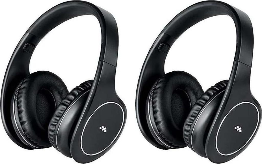 Two black headphones are shown side-by-side against a white background.