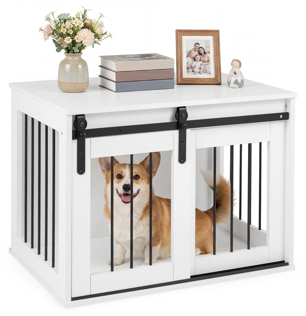 COSTWAY Hundekäfig Möbel, 80 cm Schwere Hundebox mit Schiebetür im Scheunenstil, Metallrahmen, Holz-Hundeschrank, dekorativer Seitentisch Weiß