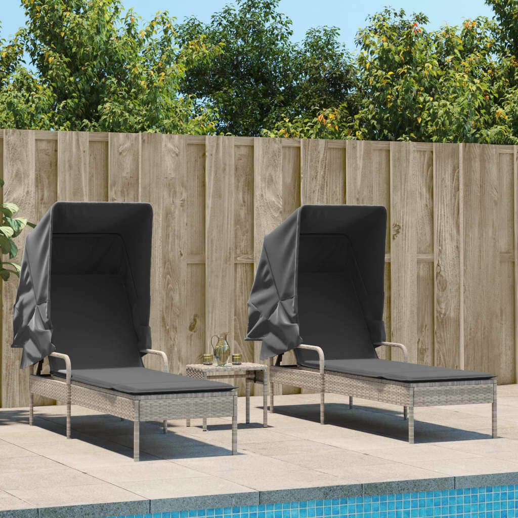 "im Angebot" Sonnenliegen 2 Stk. - möbel für den Garten - mit Dach und Tisch Hellgrau Poly Rattan - Gartenliegen CC10196