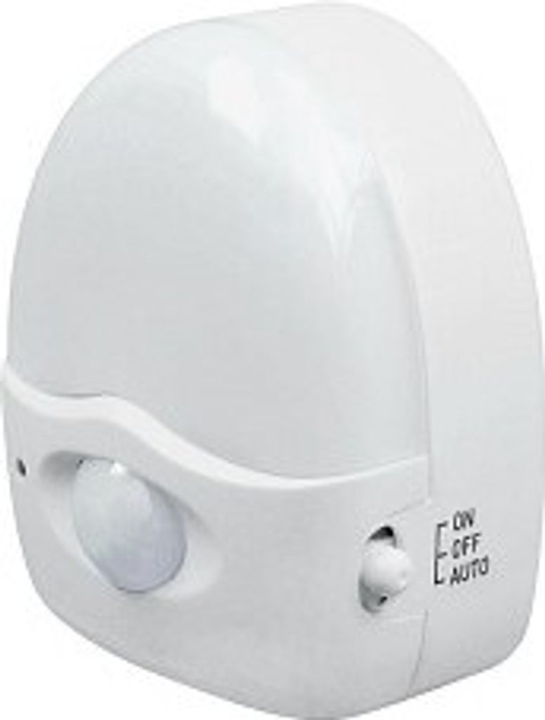 A white automatic night light with a motion sensor and an on/off/auto switch.