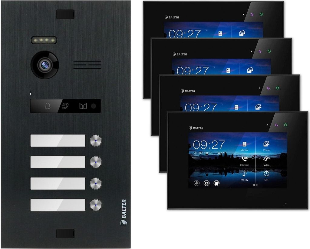 BALTER EVO Video Türsprechanlagen Schwarz Set 2-Draht BUS 7" LCD Monitor für 4 Familienhaus