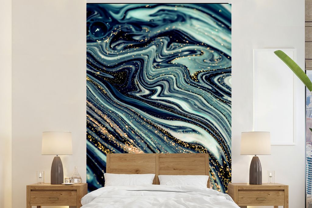 MuchoWow Fototapete für Wohnzimmer oder Schlafzimmer Wandtapete Vinyl Motivtapete Marmor - Gold - Blau - Glitter - Marmoroptik - Abstrakt - 170x...