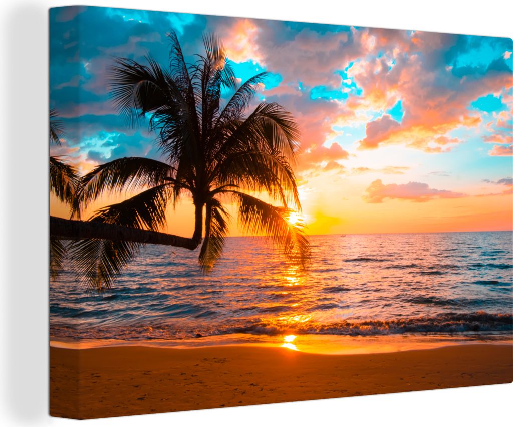 OneMillionCanvasses - Leinwandbilder - 140x90 cm, Palme - Sonnenuntergang - Horizont - Strand - Meer - Tropisch, Wandbilder Kunstdruck Wanddekora...