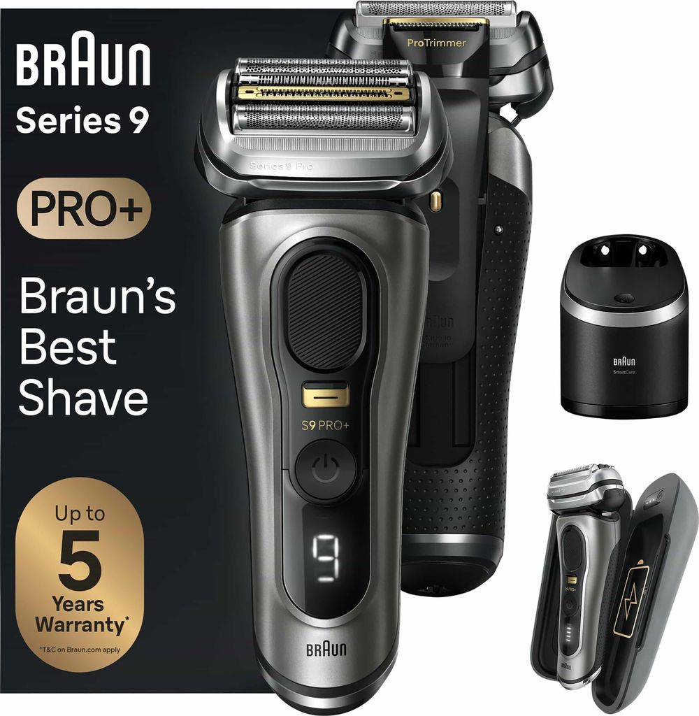 A collage of a Braun Series 9 Pro+ electric shaver and its accessories, presented with marketing text and warranty information.