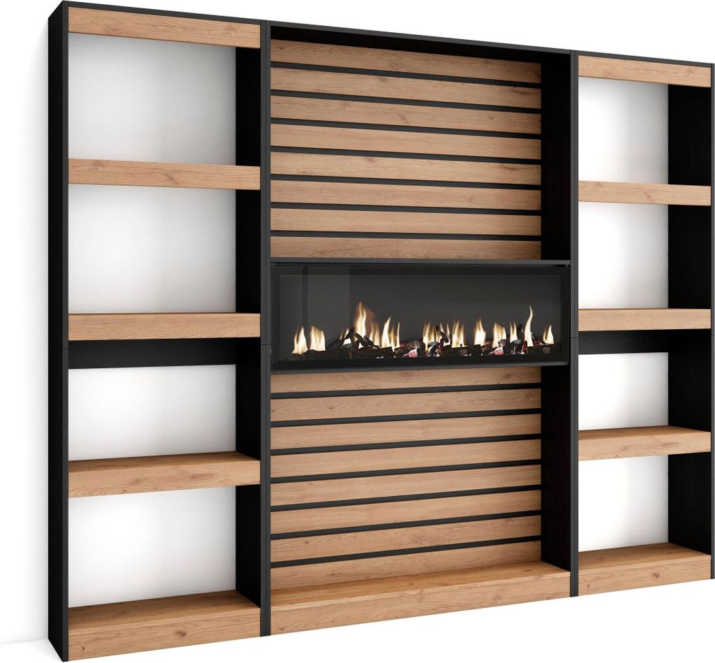 A modern wall unit with shelves and a fireplace.