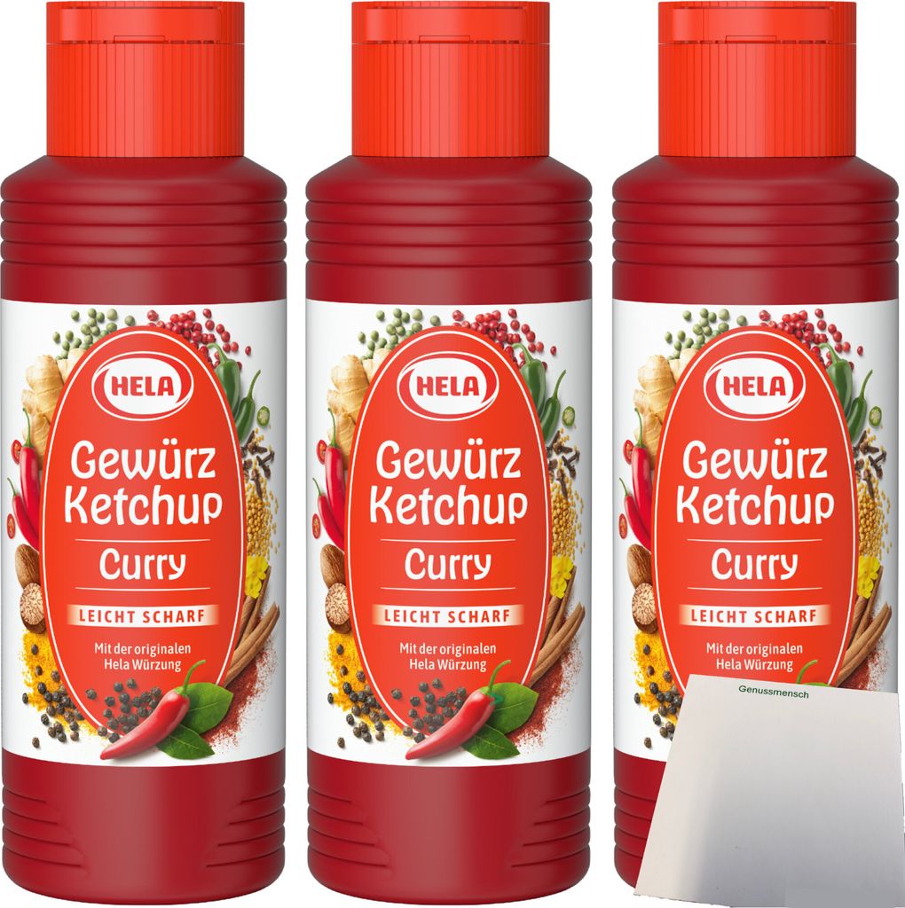 Hela Curry Gewürz Ketchup leicht scharf 3er Pack (3x300ml Flasche) + usy Block