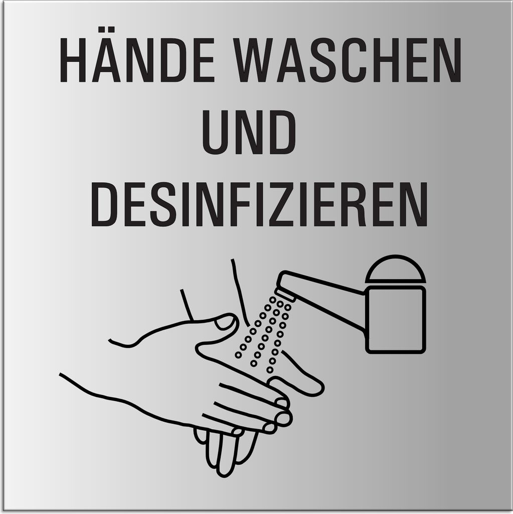Schild Hände waschen und desinfizieren | XL Hinweisschild aus Aluminium silber-matt eloxiert 200x200 mm selbstklebend