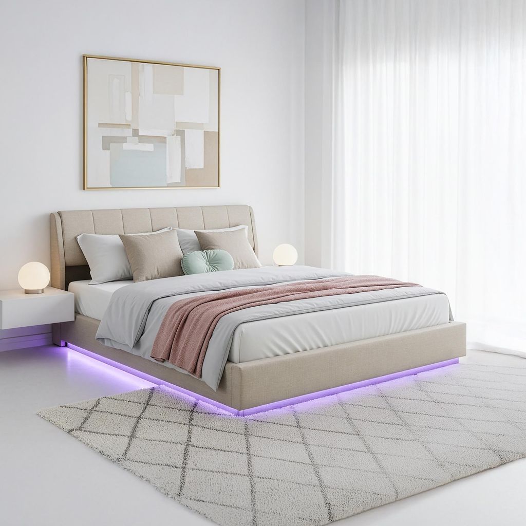 A bedroom scene featuring a bed with LED lighting.
