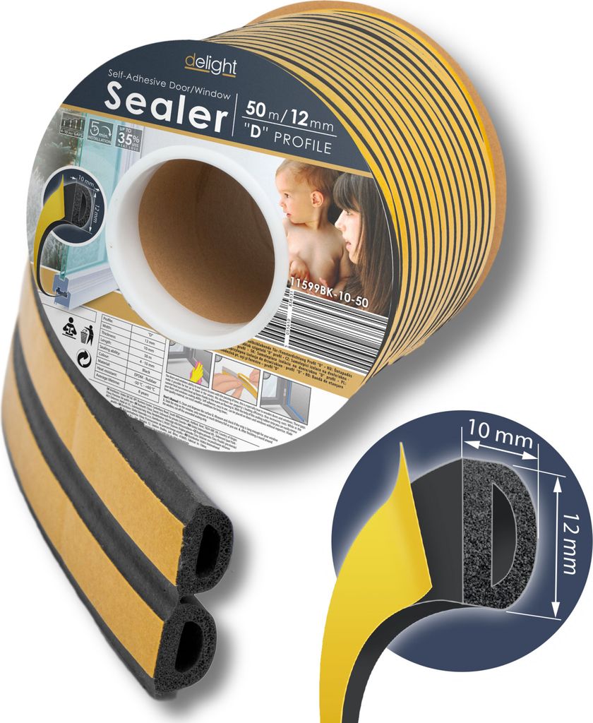 Dichtungsstreifen für Türen – Dichtungsstreifen für Fenster – 50 Meter – Selbstklebend – D-Profil – Schwarz