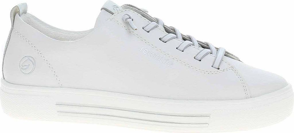 A white leather sneaker is shown from the side against a white background.