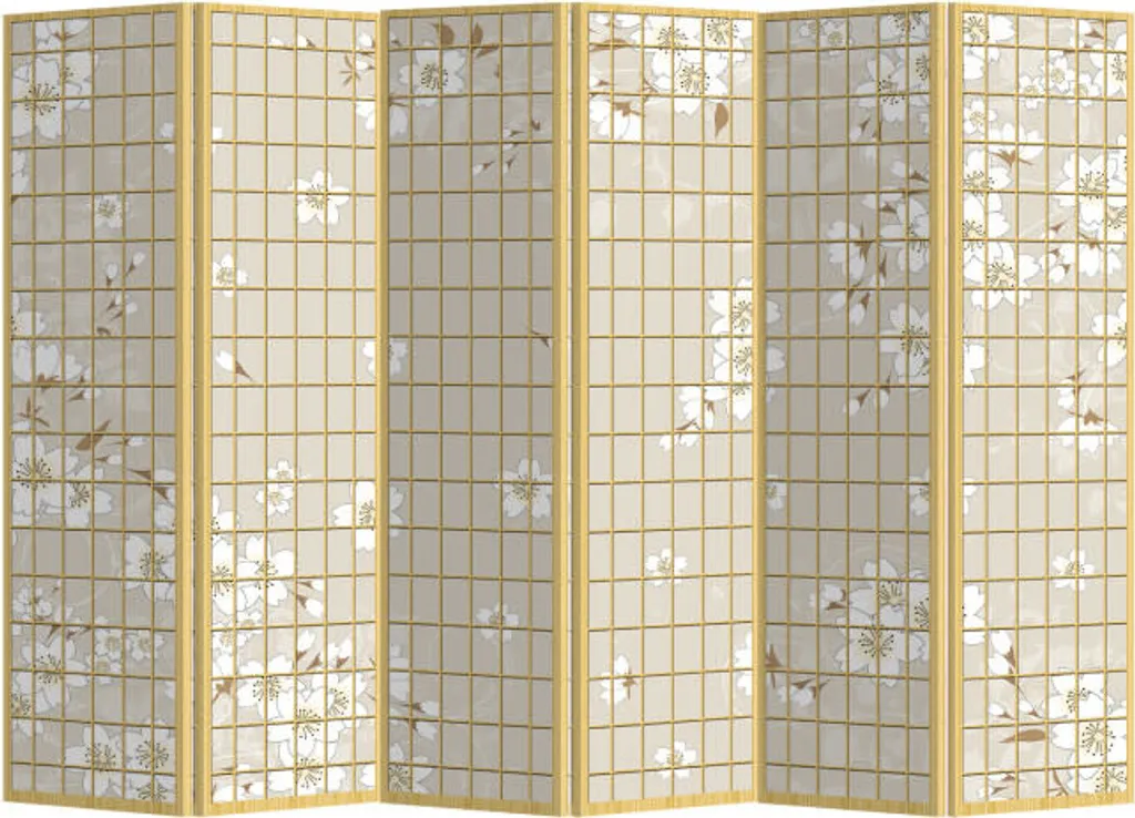 Paravent 6 volets en bois et toile Fleurs Japonaises L240 x H180 cm