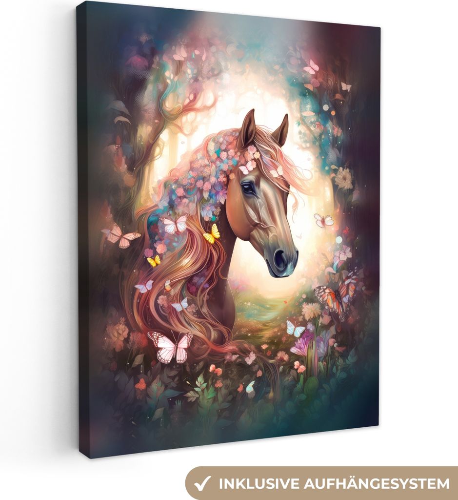MuchoWow - Leinwandbilder - Pferd - Natur - Blumen - Schmetterlinge - Wald, Wandbild, Wanddeko Bilder Wohnzimmer, 90x120 cm