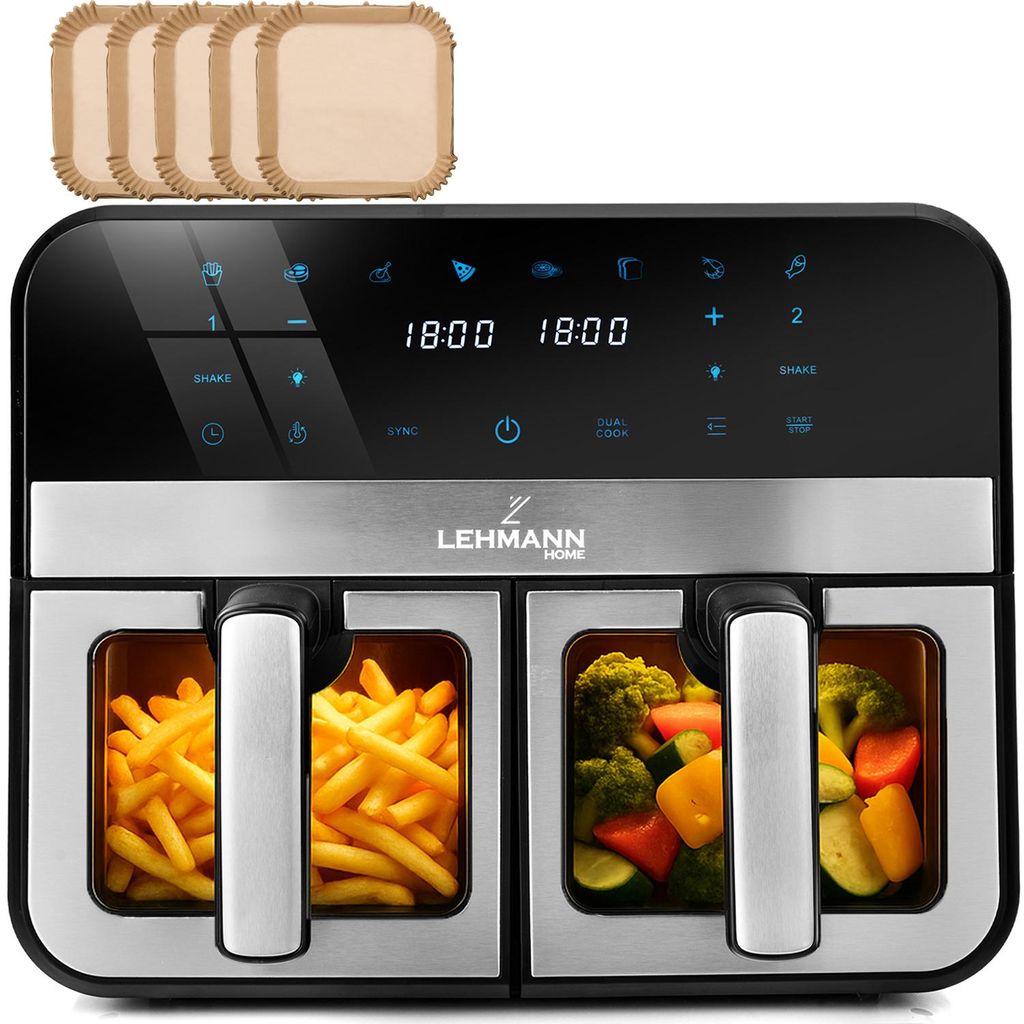 A dual-chamber air fryer with its controls and cooking baskets visible. There are also some disposable air fryer liners in the top left corner.