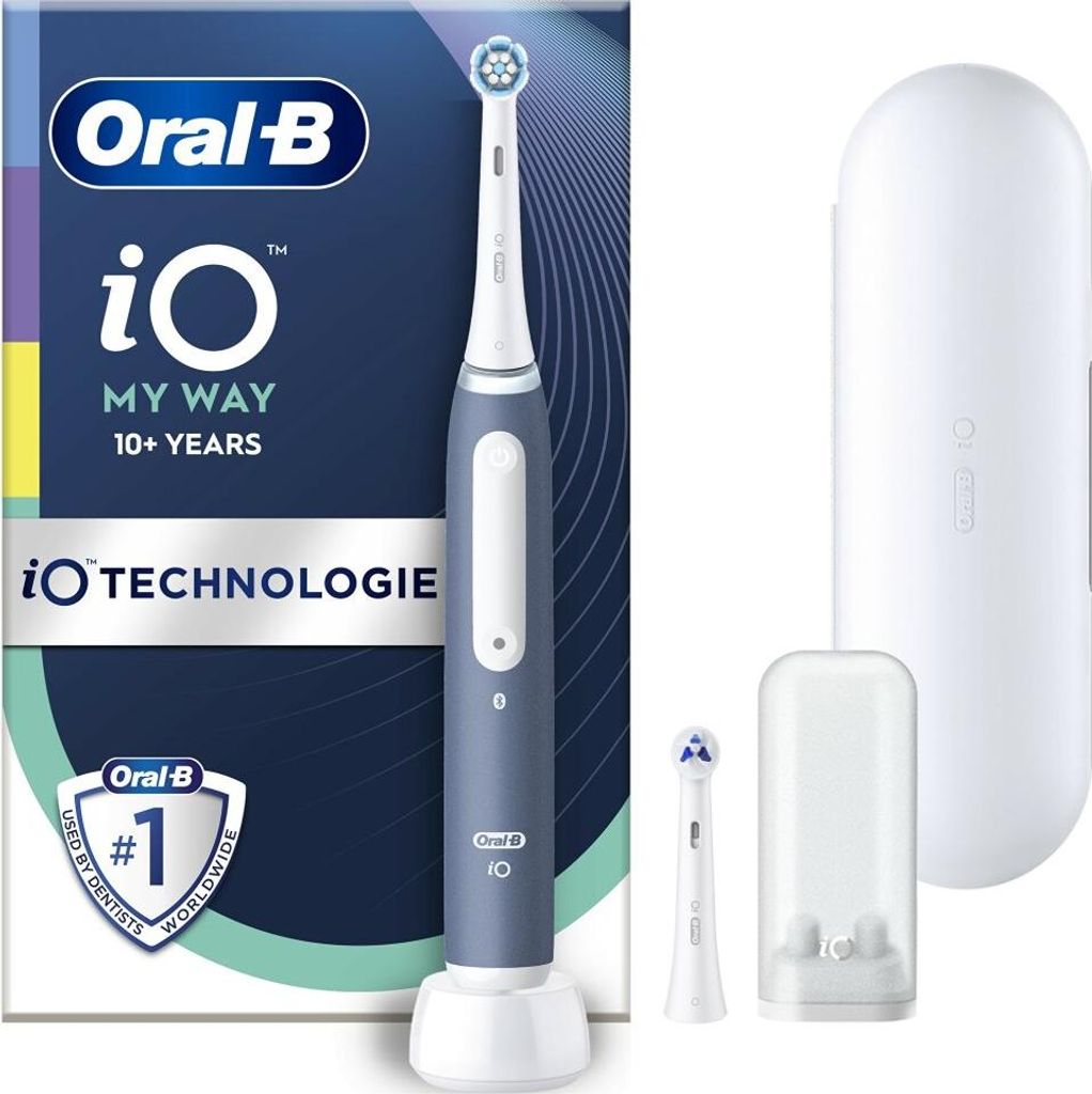 An Oral-B iO electric toothbrush and its accessories are displayed against a colorful background.