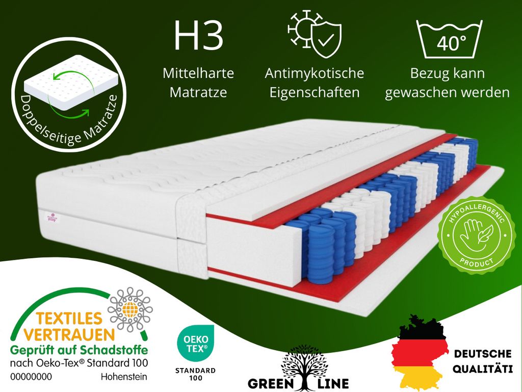 7 ZONEN Taschenfederkernmatratze Salsa 180X200 cm, Doppelseitige-Matratze Härtegrad H3, Höhe ca. 18 cm, Farbe: Aloe Vera, inkl. Bezug