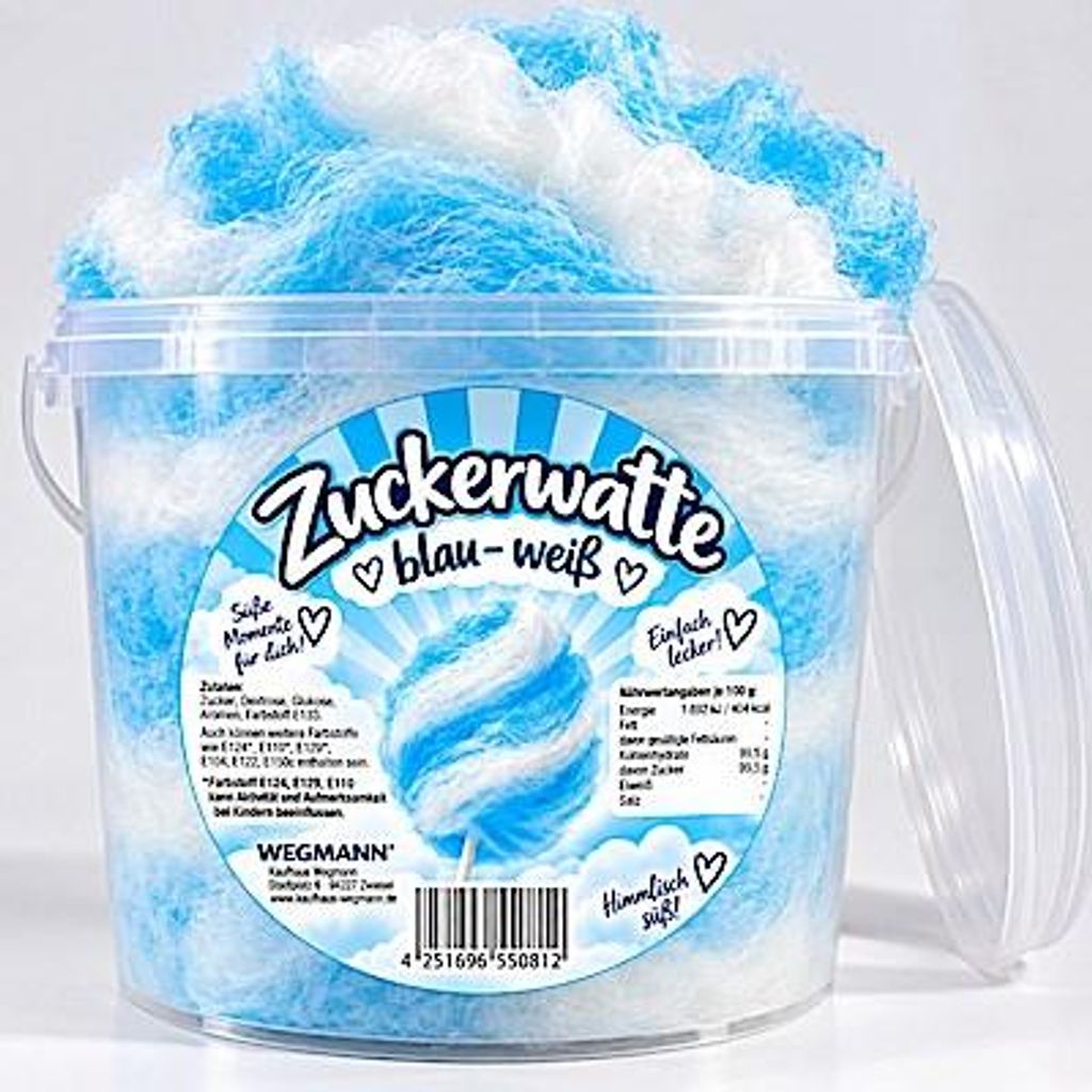Zuckerwatte | Blau weiße Zuckerwatte im Eimer 50g | Produktbild 