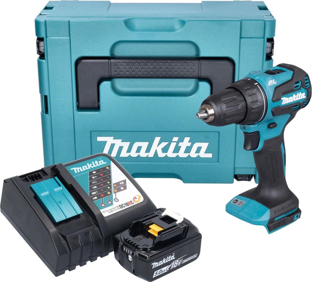 Makita DDF 490 RT1J Akku Bohrschrauber 18 V 65 Nm 1/2" Brushless + 1x Akku 5,0 Ah + Ladegerät + Makpac