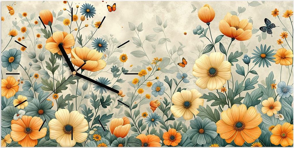 Wanduhr aus Glas mit Motiv Blumenwiese- 60 x 30 cm - inkl. Aufhängesystem