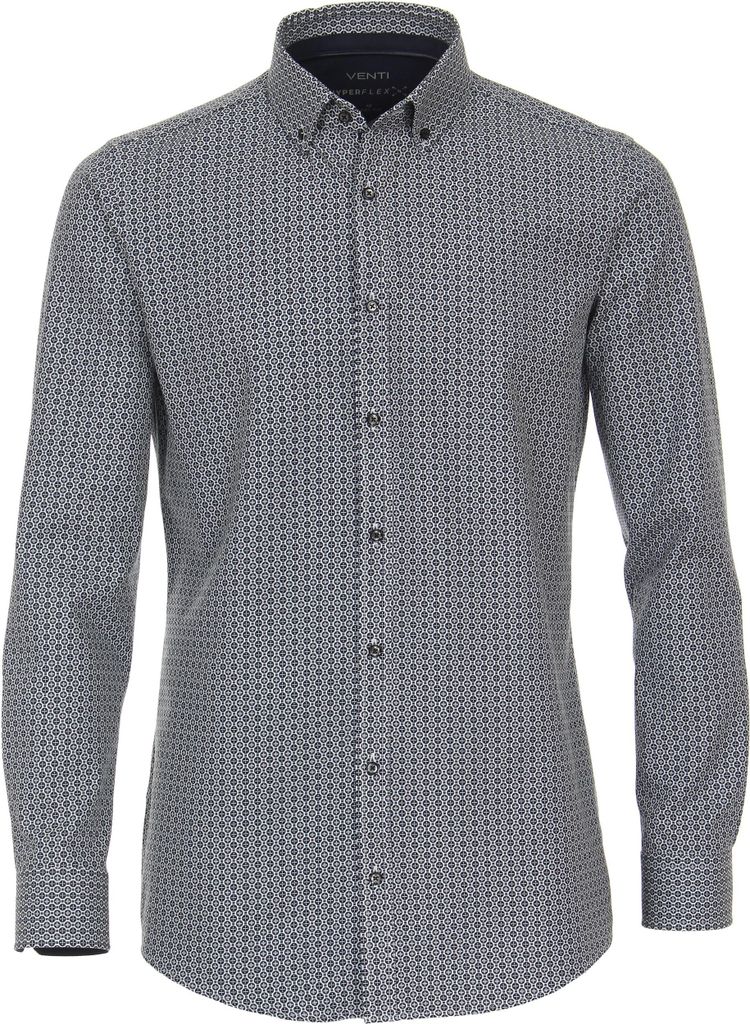 VENTI Herren Businesshemd Langarm Button-Down Body-Fit Hyperflex Blau gemustert 45