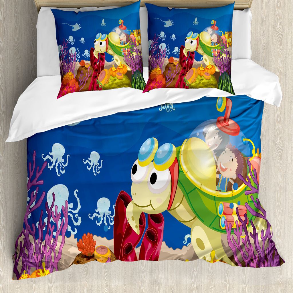 ABAKUHAUS Schildkröte Bettbezug, Karikatur-Schildkröte Kinder, Milbensicher Allergiker geeignet mit Kissenbezügen, 155 cm x 220 cm - 80 x 80 cm,...