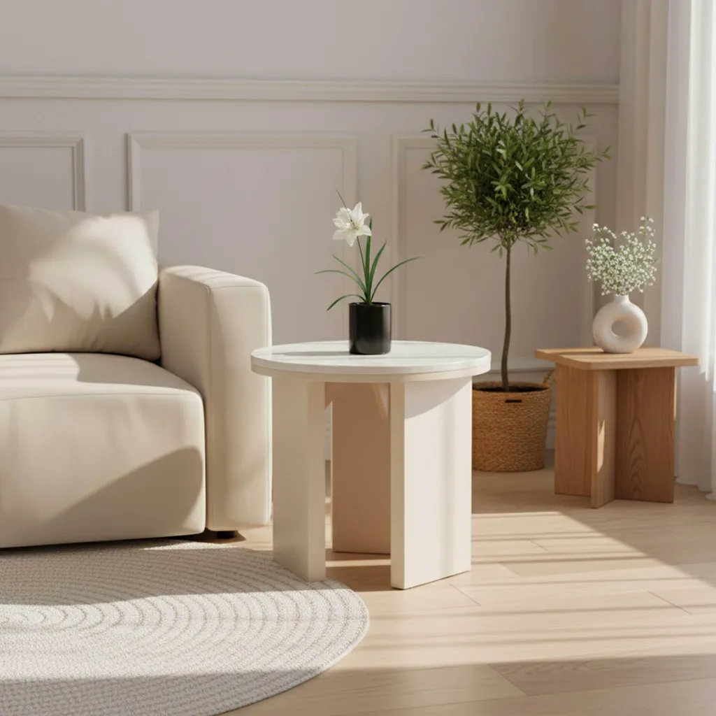 Table basse effet bois crème Bonny Oviala 50 cm ronde finition naturelle