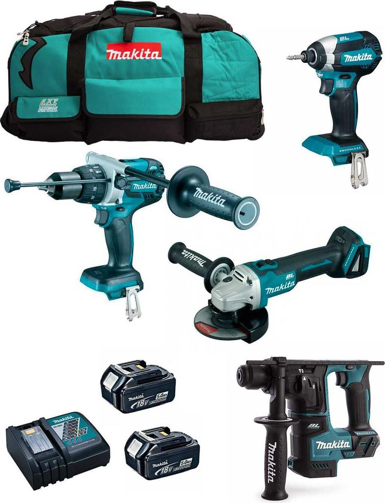 MAKITA Kit MK402 (DHP481 + DHR171 + DGA504 + DTD153 + 2 x 5,0 Ah + DC18RC + LXT600)