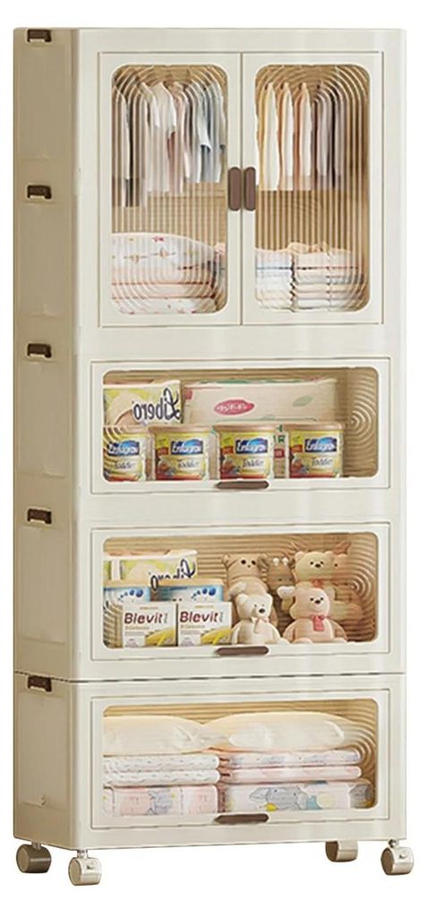 Aufbewahrungsbox - 70 cm Kunststoff-Schubladen-Organizer - Stapelbar - Faltbar - Magnettür - Mit Deckel - Mit Rollen - Werkzeugfreie Montage - Beige