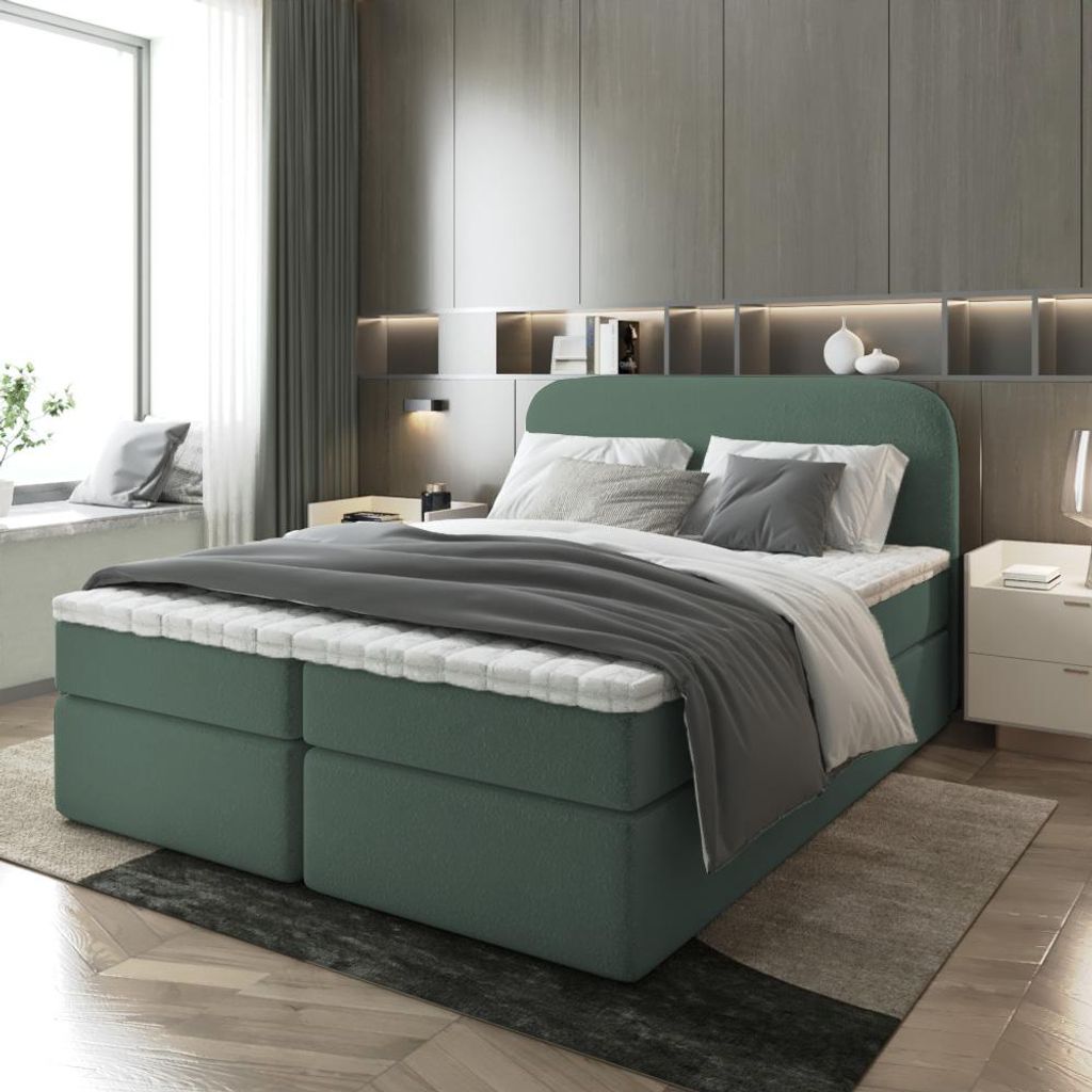 Bett Doppelbett Boxspringbett NOBI mit Bonell-Matratze Bettkästen Boucle Stoff - TOPPER T25 ( 180x200 , GRÜN - CORAL 20 )