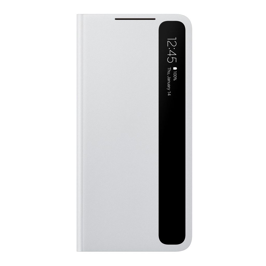 A white flip case for a smartphone, showing the time and date on a transparent window.