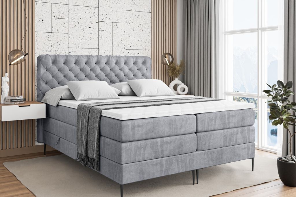 ALTDECOR Boxspringbett mit Schwarz Füßen, Matratze und Lattenrost, Topper, Polsterbett mit Bettkasten, Bett mit Stauraum H3- und H4- Matratze, Do...
