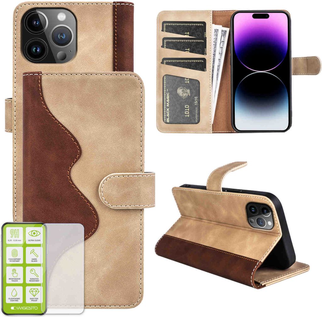 Für Apple iPhone 15 Pro Max Design Handy Tasche Braun Etuis Kunst-Leder Hülle Case + H9 Hart Glas