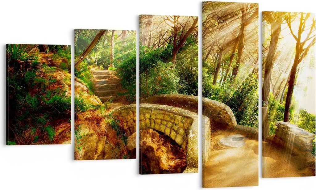 Bild auf Leinwand - Leinwandbild - Pfad Steinbrücke Wald Herbst - 100x60cm - Wand Bild - Wanddeko - Leinwanddruck - Bilder - Kunstdruck - Wanddeko...