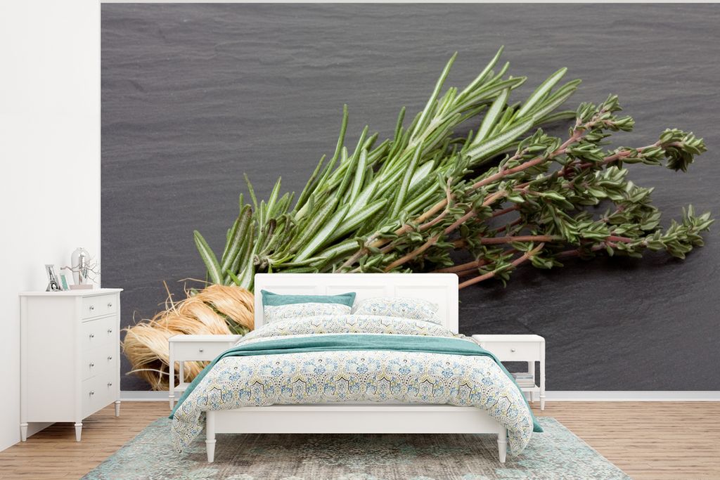 MuchoWow Fototapete für Wohnzimmer oder Schlafzimmer Wandtapete Vinyl Motivtapete Thymian - Kräuter - Grün - Tisch - Küche - Stein - 350x260 ...