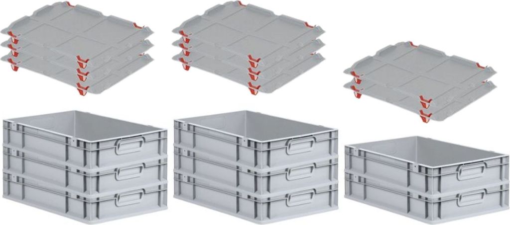 SuperSparSet 8x Eurobox NextGen Grip mit Auflagedeckel inkl. 4 roten Schiebeschnappverschlüssen | HxBxT 12x40x60cm | 23 Liter | Griffe geschlossen...