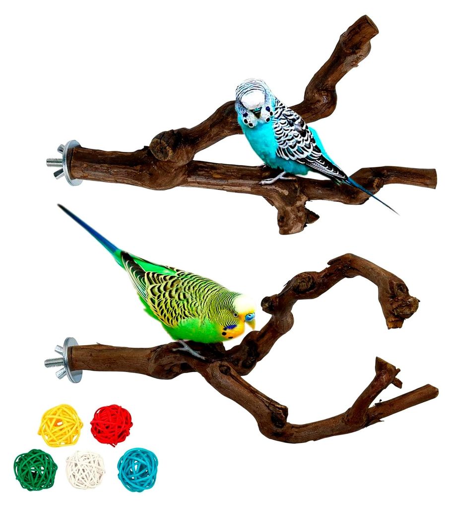 2 Stück Natur Sitzstangen Set für Vögel aus Traubenholz für Vogelkäfige, Zubehör zum Klettern für Wellensittiche, Nymphensittiche und Kanari...