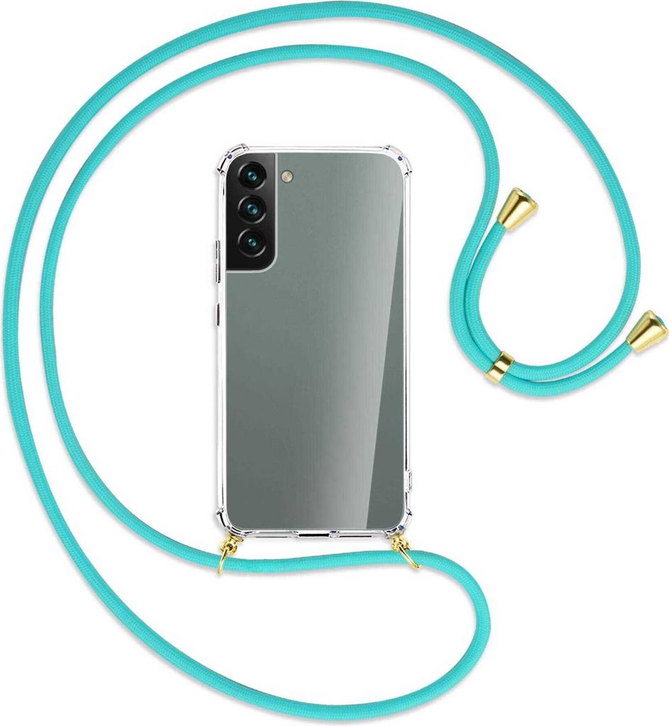 Handykette Backcover-Schutzhülle mit Band (Metall goldfarben) für Samsung Galaxy S22 Plus 5G (S906) - türkis