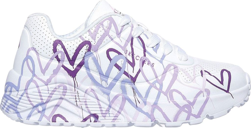 A white sneaker with purple heart graphics.