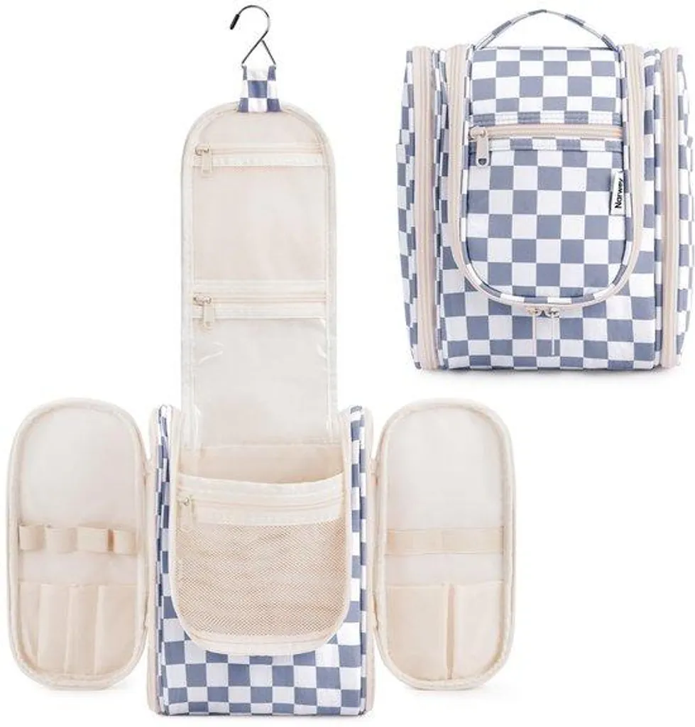 Trousse de toilette rayée gris-bleu format compact pour voyage et sport