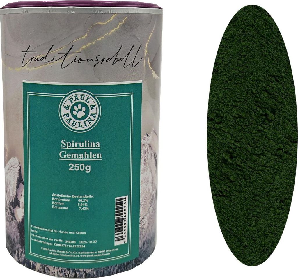 Paul & Paulina Spirulina gemahlen 250g I Einzelfuttermittel für Hunde und Katzen I Ohne Konservierungsstoffe, künstliche Aromastoffe sowie Farbst...