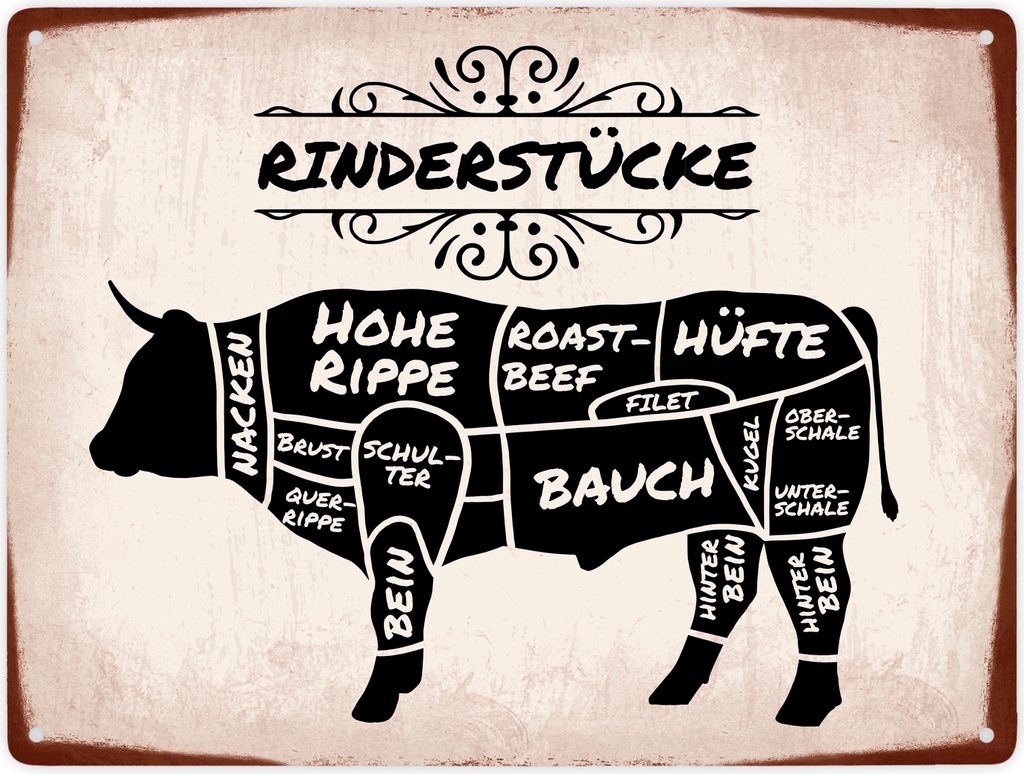 Rinderstücke BBQ Beef Fleischstücke Metallschild XXL in 28x38 cm