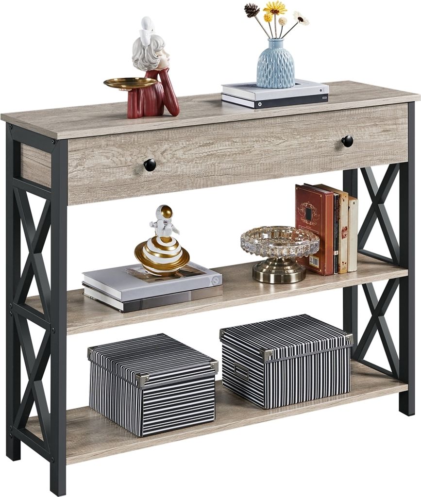 A console table with decorative items on it, against a white background.
