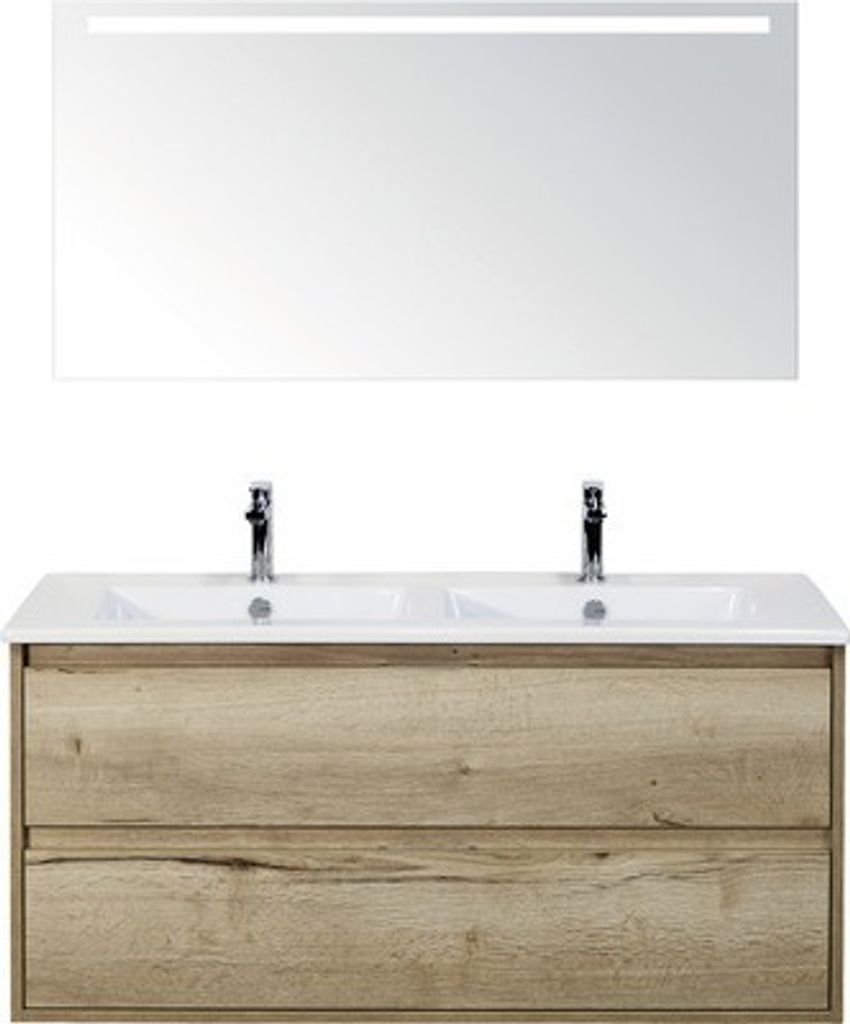 Badmöbelset 3-teilig Doppelbadmöbel Sanox Porto BxHxT 121 x 170 x 51 cm Frontfarbe eiche natur mit Waschtisch Keramik we