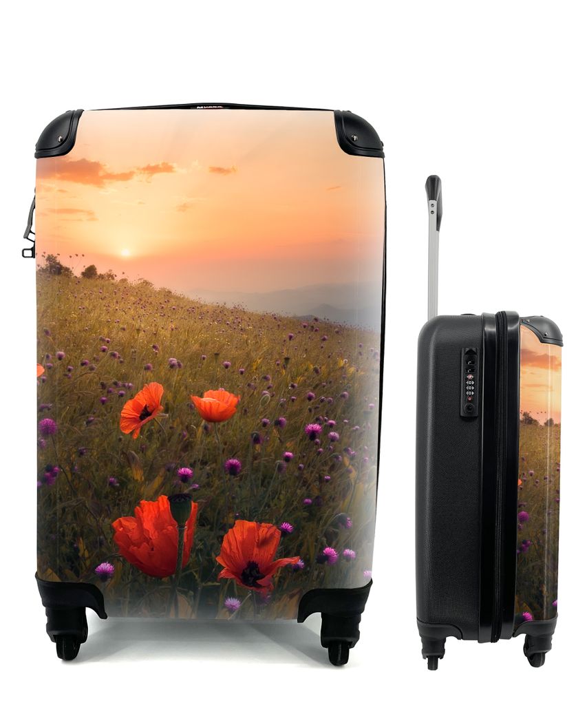 MuchoWow Koffer Handgepäck Trolley Rollkoffer Kleine Reisekoffer mit 4 Rollen - Blumenfeld - Gras - Pflanzen - Sonnenuntergang - Orange - Cabin ...