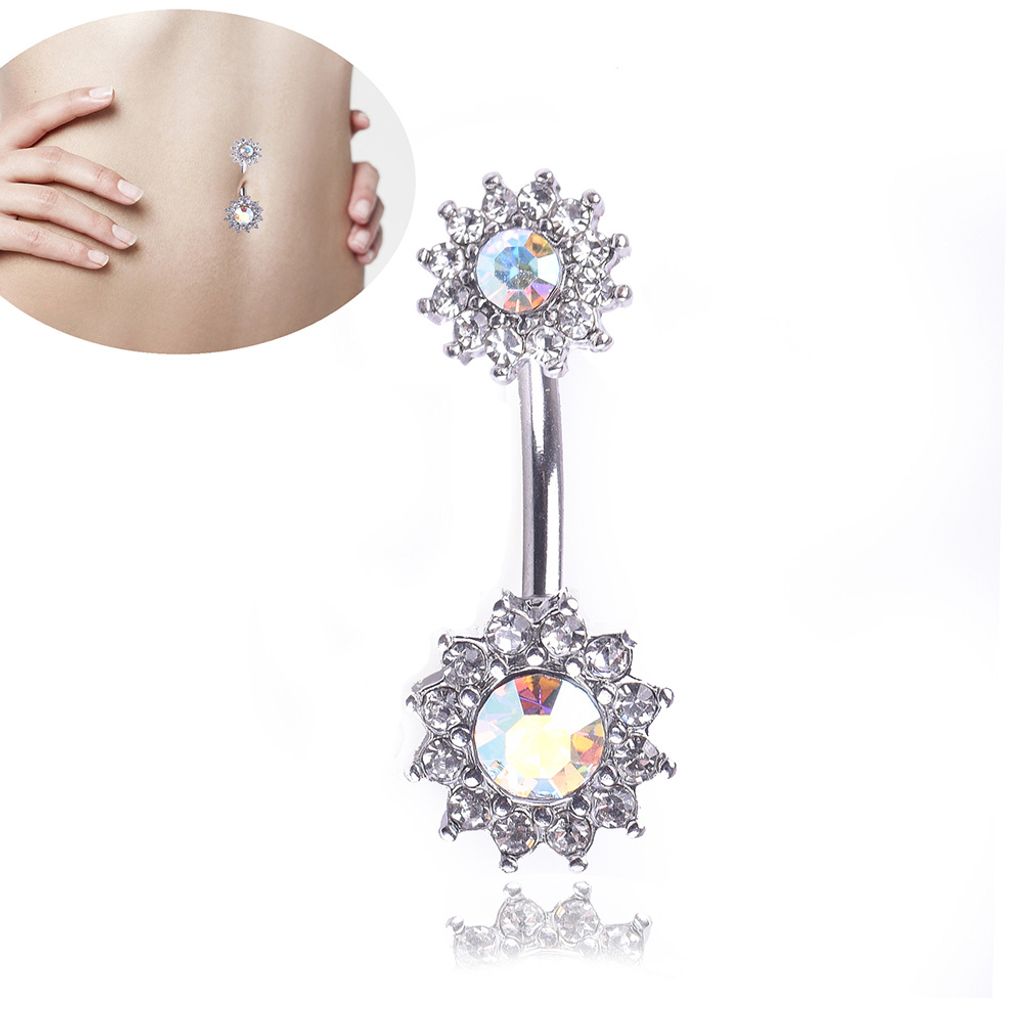 y Frauen Dual Floral Shiny Strass Barbell Nabel Ring Körper Piercing Schmuck