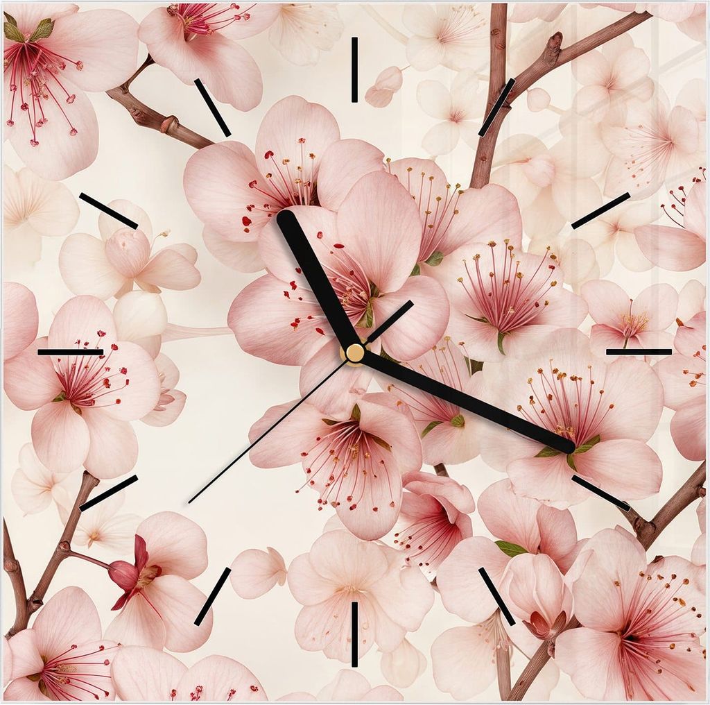 Wanduhr aus Glas mit Motiv Kirschblüten- 30 x 30 cm - inkl. Aufhängesystem