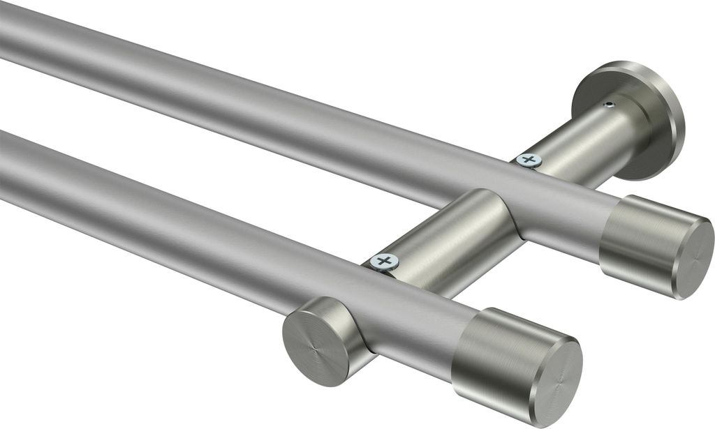 Interdeco Gardinenstange / Vorhangstange Silbergrau / Edelstahl-Optik, Typ Platon Santo (Kappe) ohne Ringe, 20 mm Ø 2-läufig, 520 cm