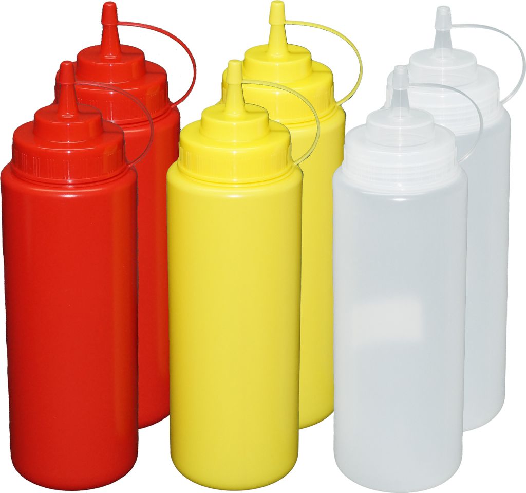 Je 2 Stück rot, gelb,transparente Quetschflaschen 1 Liter Dosierflasche Spenderflasche Dressingflasche