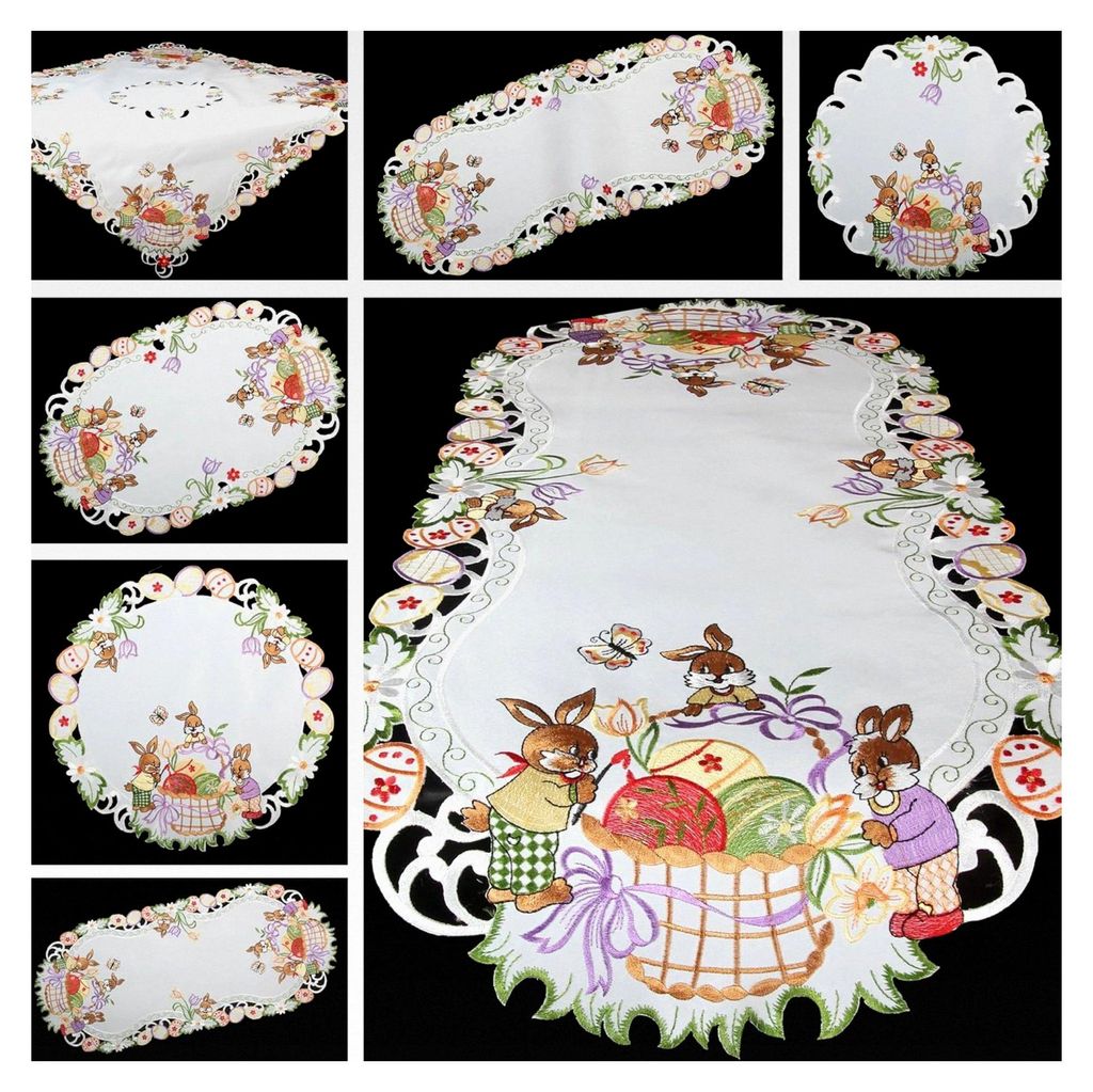 Frühling Ostern Tischdecke mit bunten Ostereiern und Hasen 85 x 85 cm Polyester, Weiß