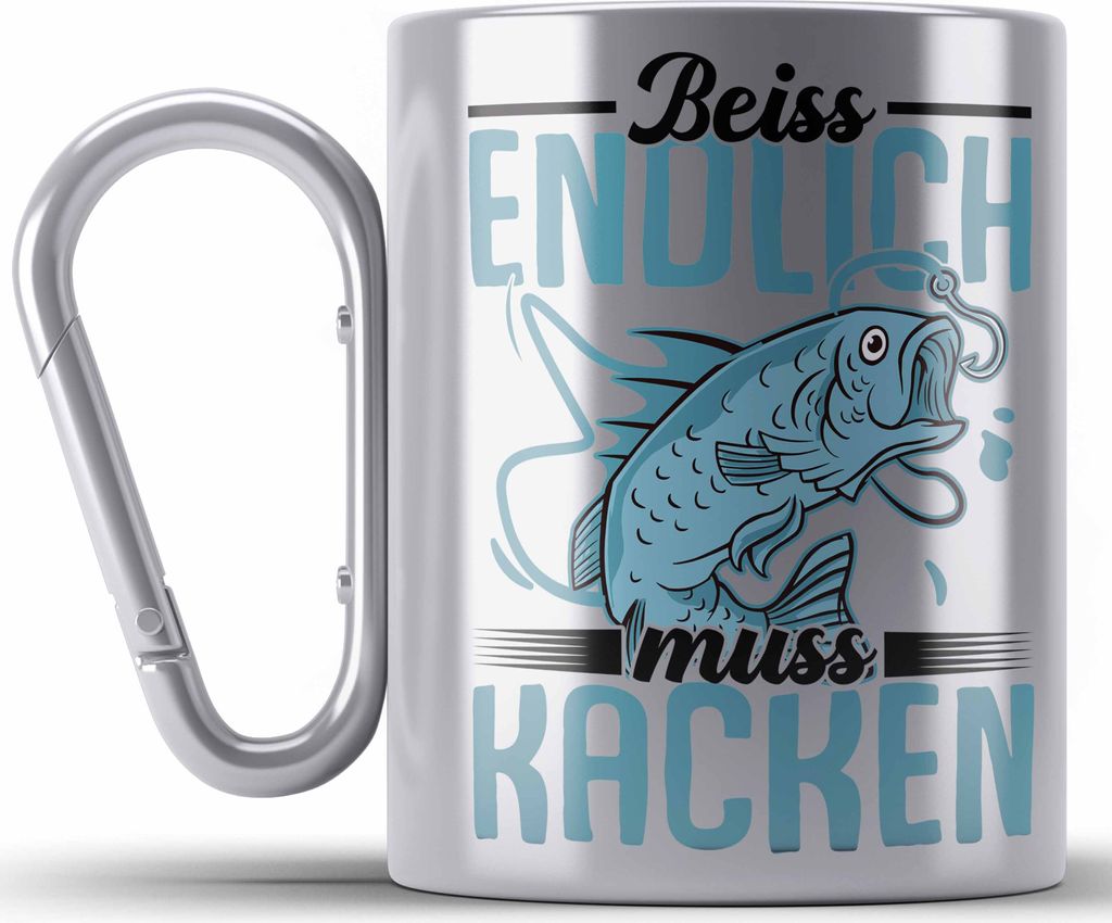 Trendation - Angler Fischer Edelstahl Tasse Karabiner Geschenk Raubfische Hobbyangler Hecht Forelle Barsch Angeln Karabiner Edelstahl Tasse Karabin...