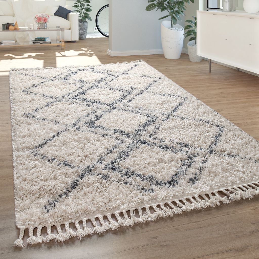Teppich Wohnzimmer Shaggy Hochflor Modern Karo Rauten Muster In Creme Blau Grösse 80x150 cm